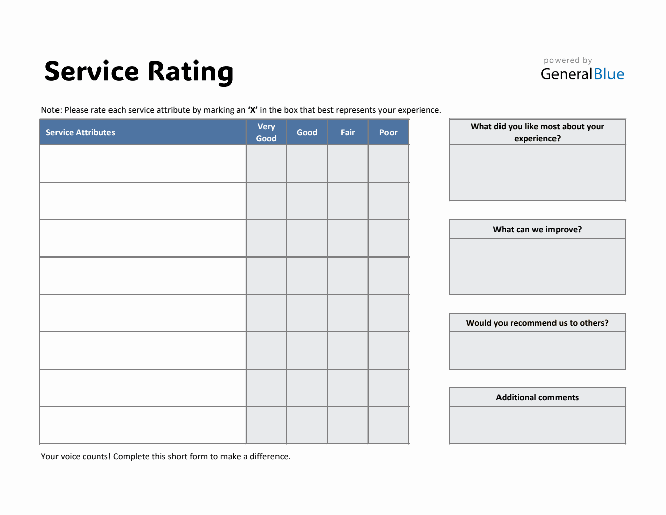 Service Rating Form in Excel (Downloadable)