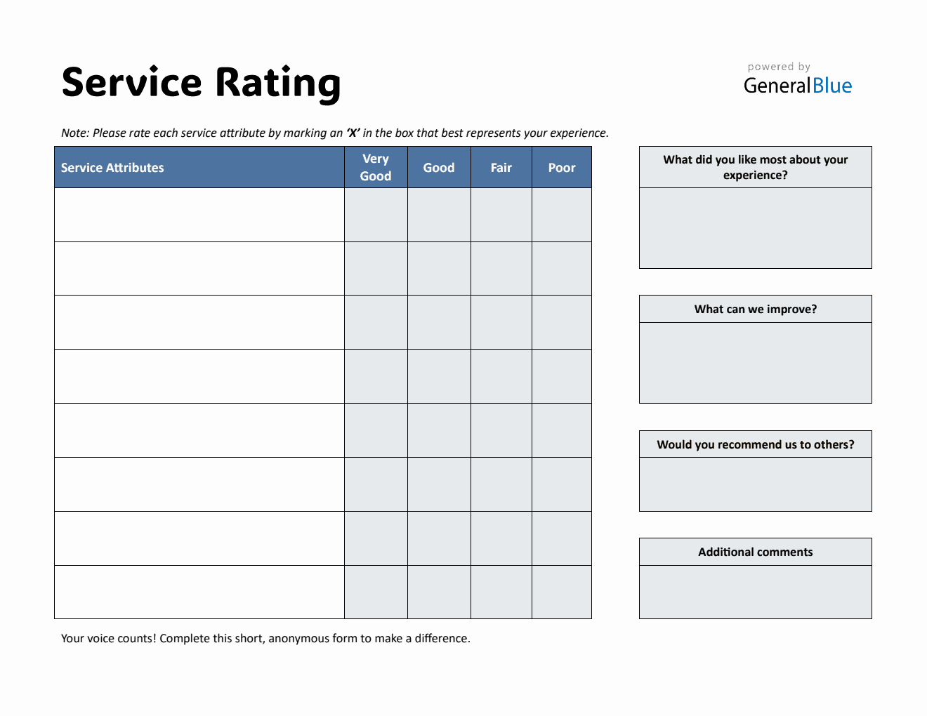 Service Level Rating Service Rating Form in PDF (Downloadable)