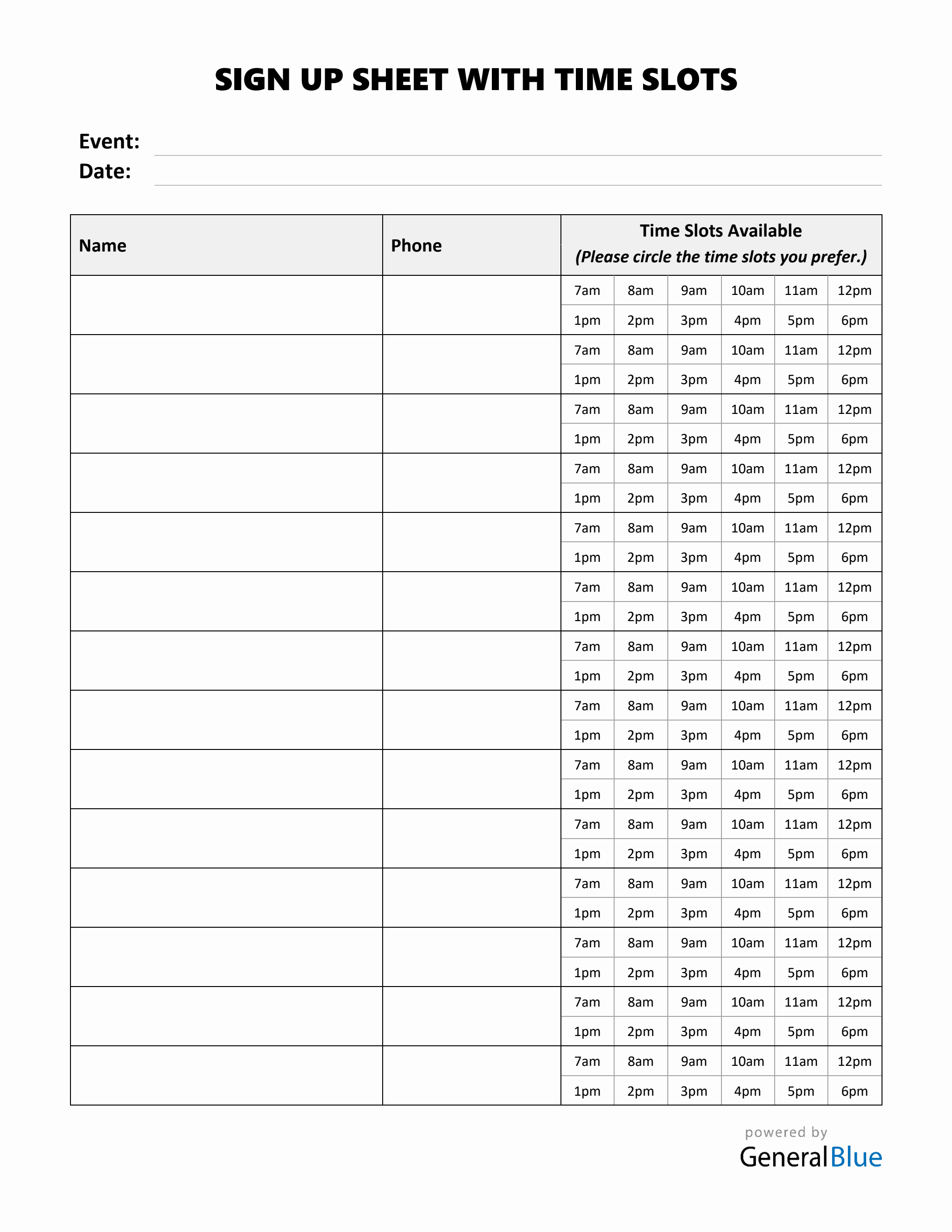 Sign Up Sheet With Time Slots in PDF