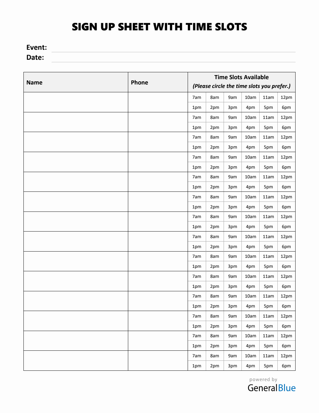 Sign Up Sheet With Time Slots in Word