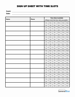 Sign Up Sheet With Time Slots in Word