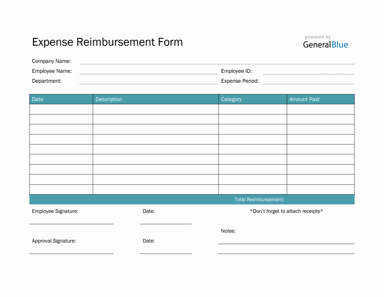 Simple Expense Reimbursement Form in Word (Teal)