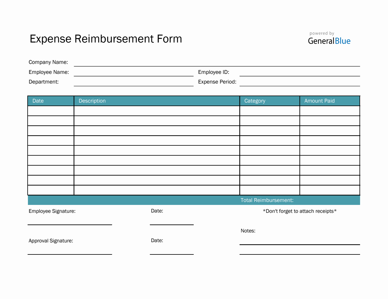 Simple Expense Reimbursement Form in Excel (Teal)