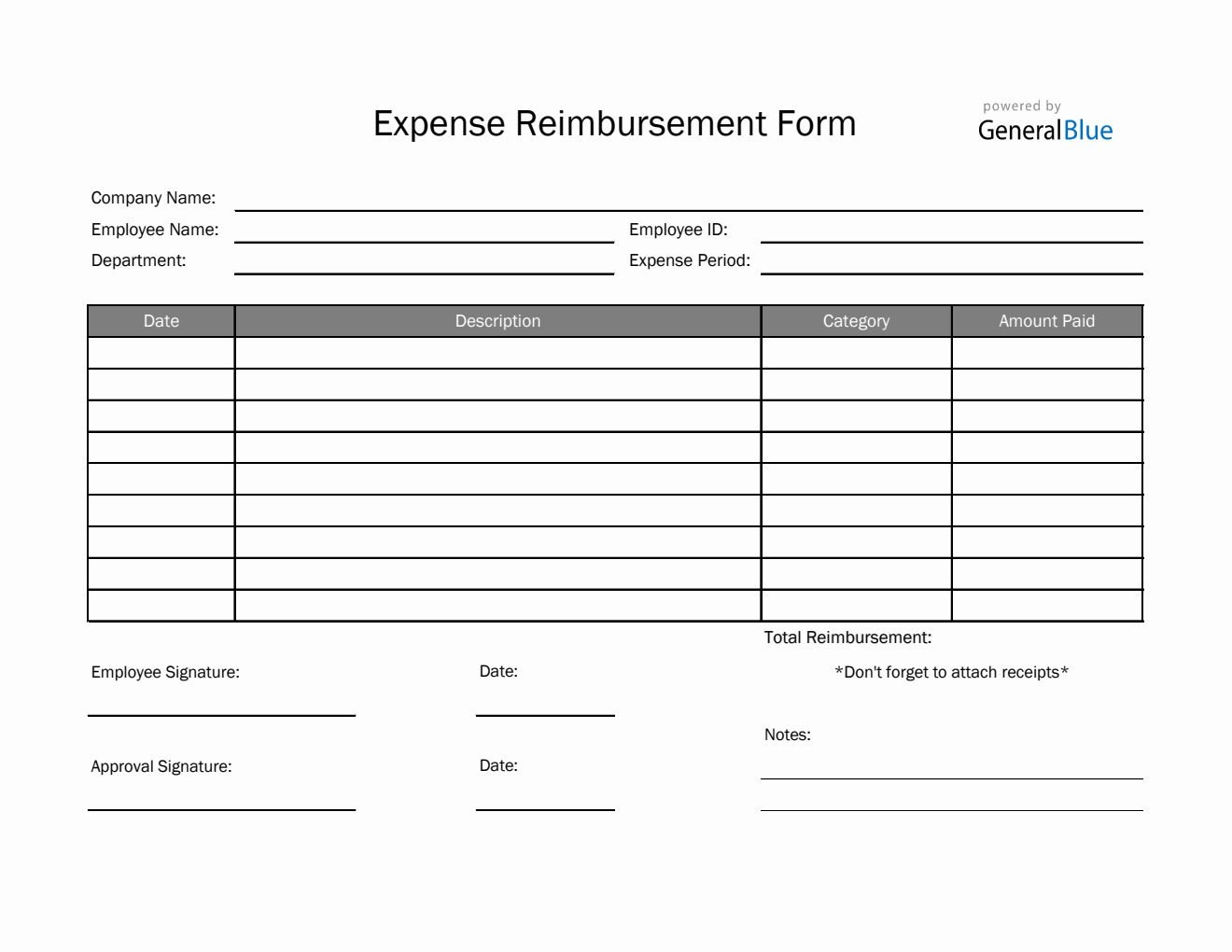 Simple Expense Reimbursement Form in Excel (Gray)