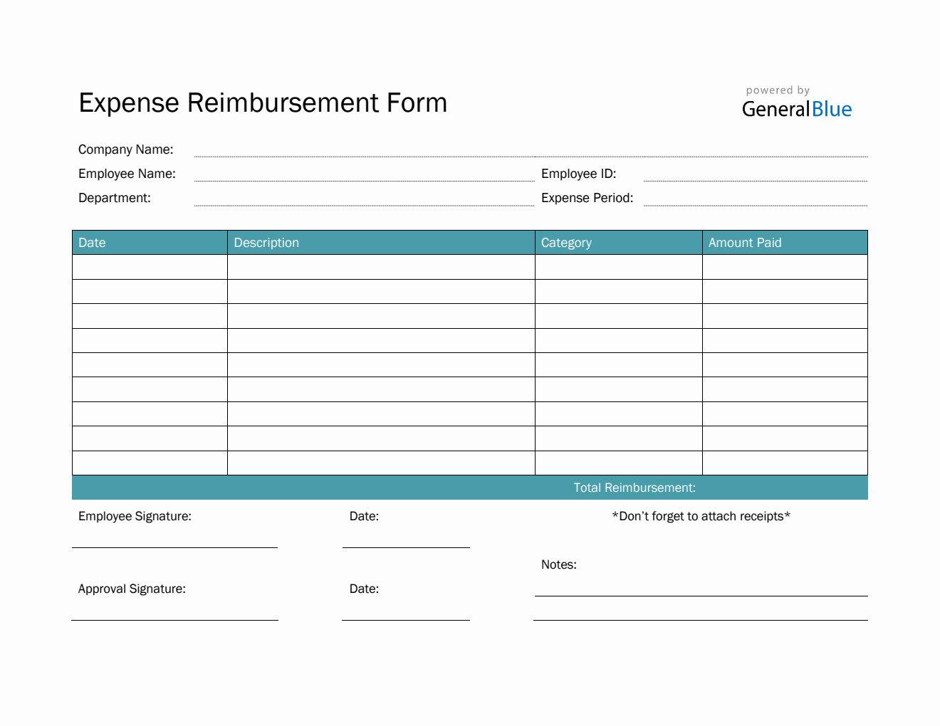Simple Expense Reimbursement Form in PDF (Teal)