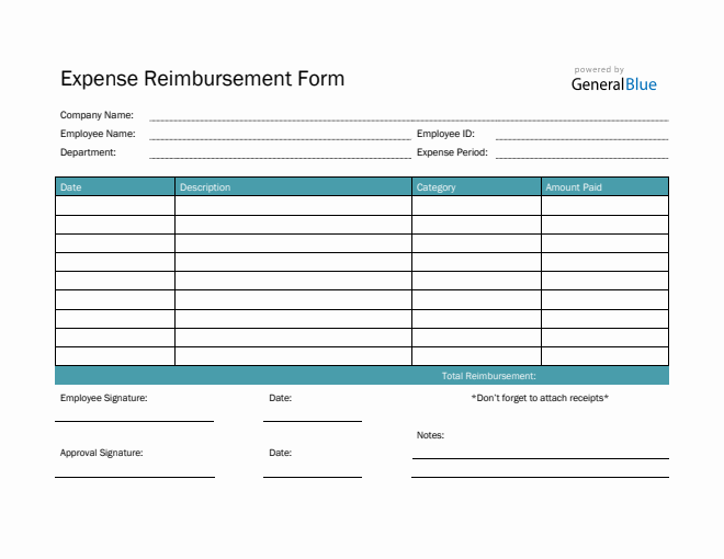 Simple Expense Reimbursement Form in PDF (Teal)