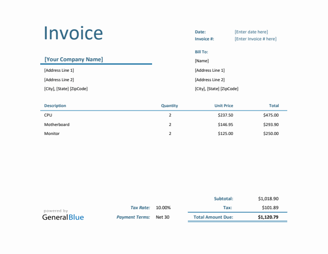 Simple Invoice with Tax in Excel (Blue)