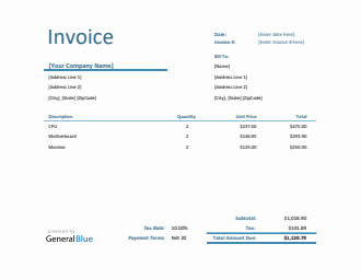 Simple Invoice with Tax in Excel (Blue)
