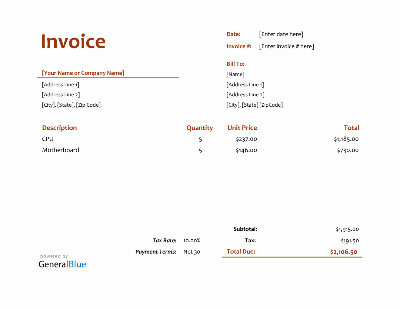 Simple Invoice with Tax in Excel (Printable)