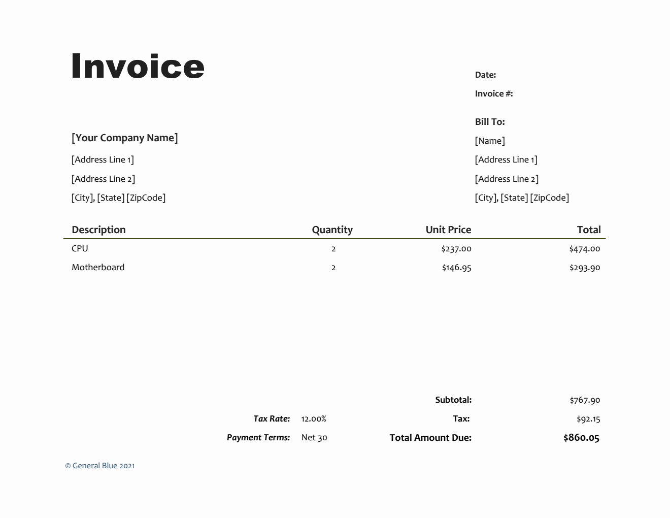 Simple Invoice with Tax in Excel (Plain)