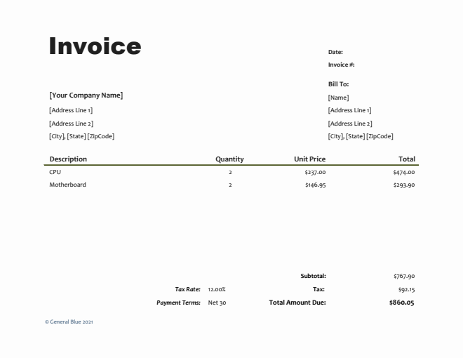 Simple Invoice with Tax in Excel (Plain)
