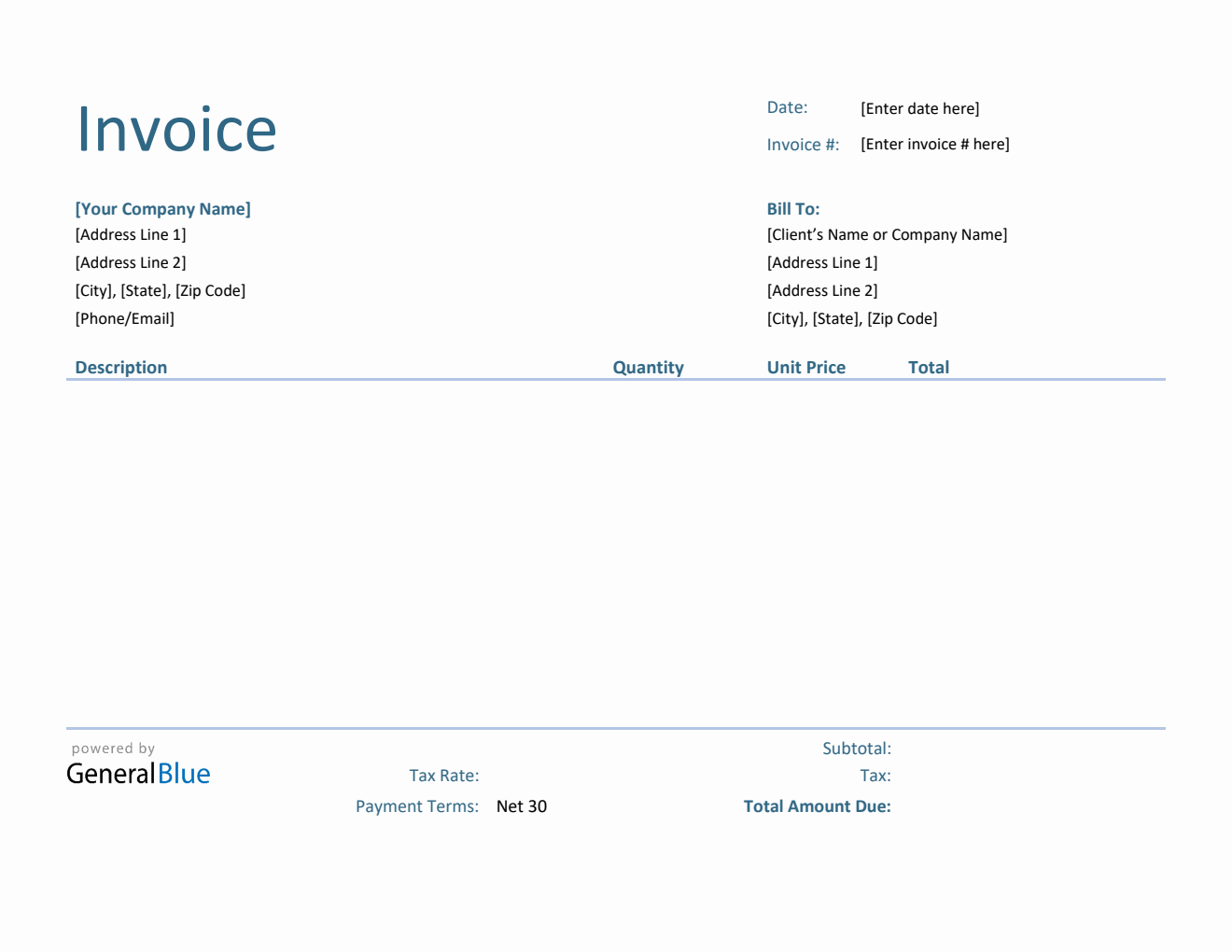 Simple Invoice with Tax in Word (Blue)