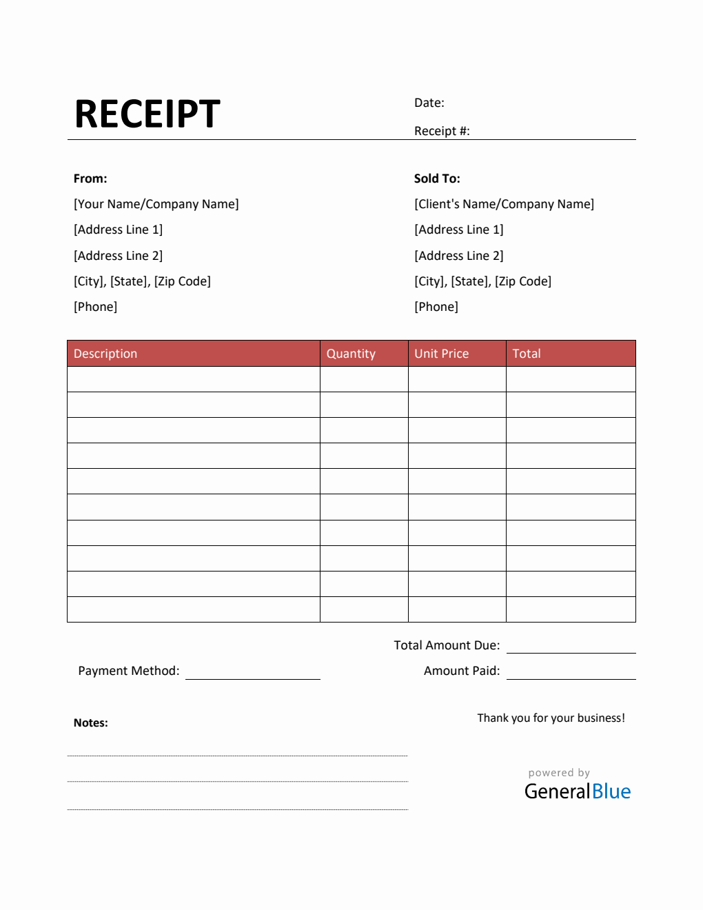 Simple Receipt Template in Word (Red)