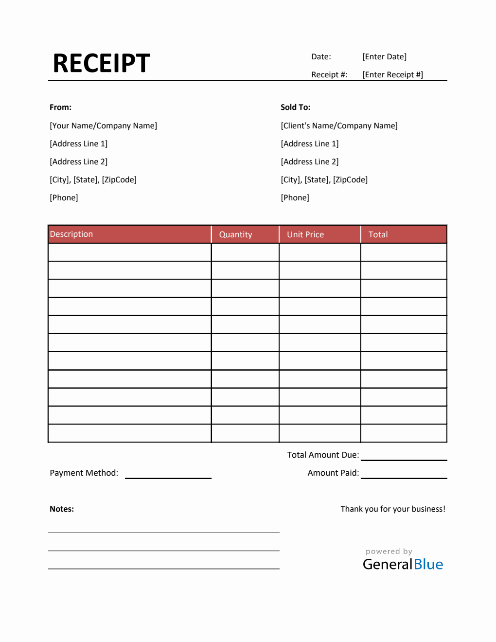 Simple Receipt Template in Excel (Red)
