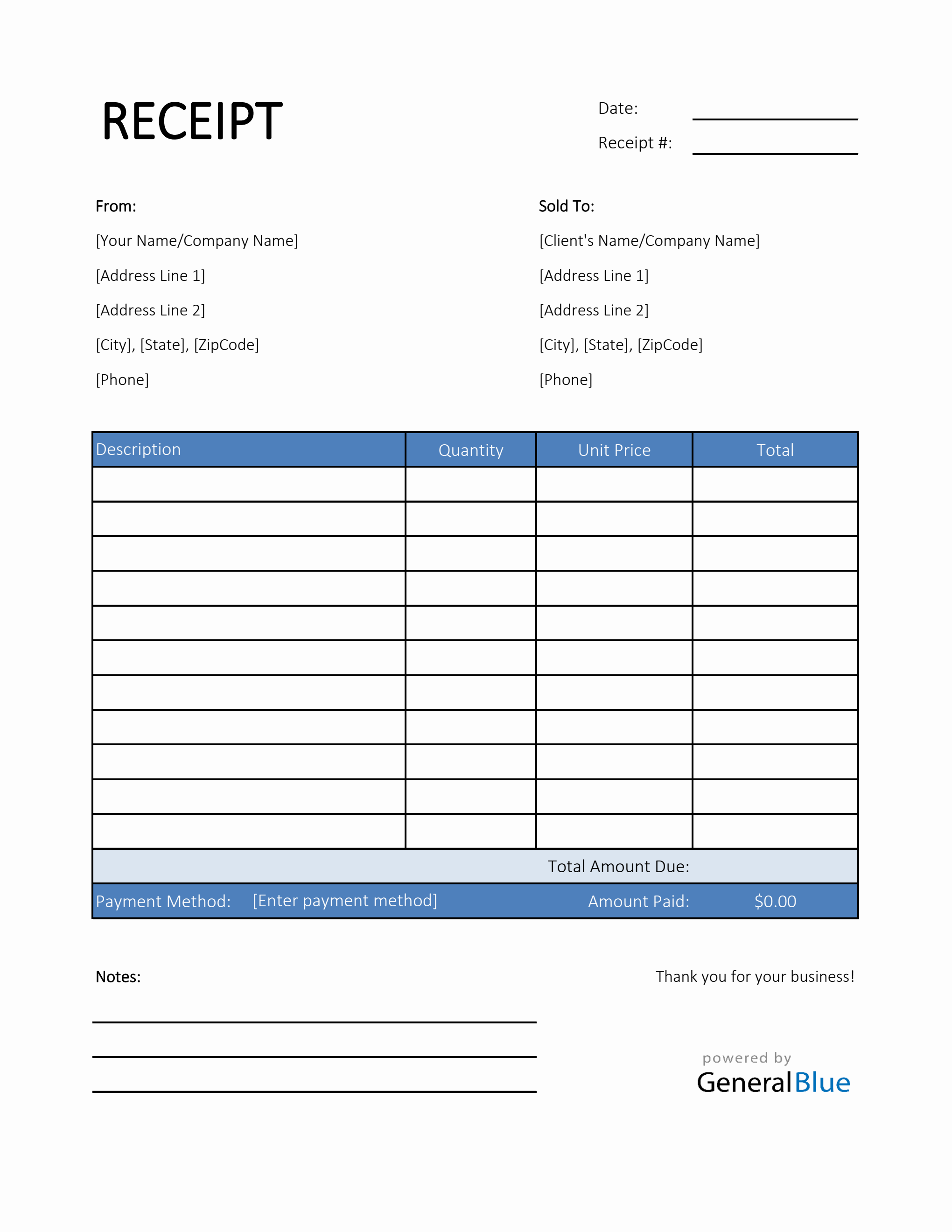 Simple Receipt Template In Excel Blue