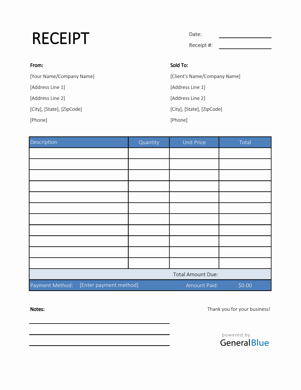 Simple Receipt Template in Excel (Blue)