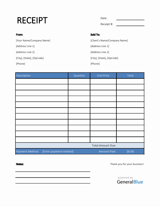 Simple Receipt Template in Excel (Blue)