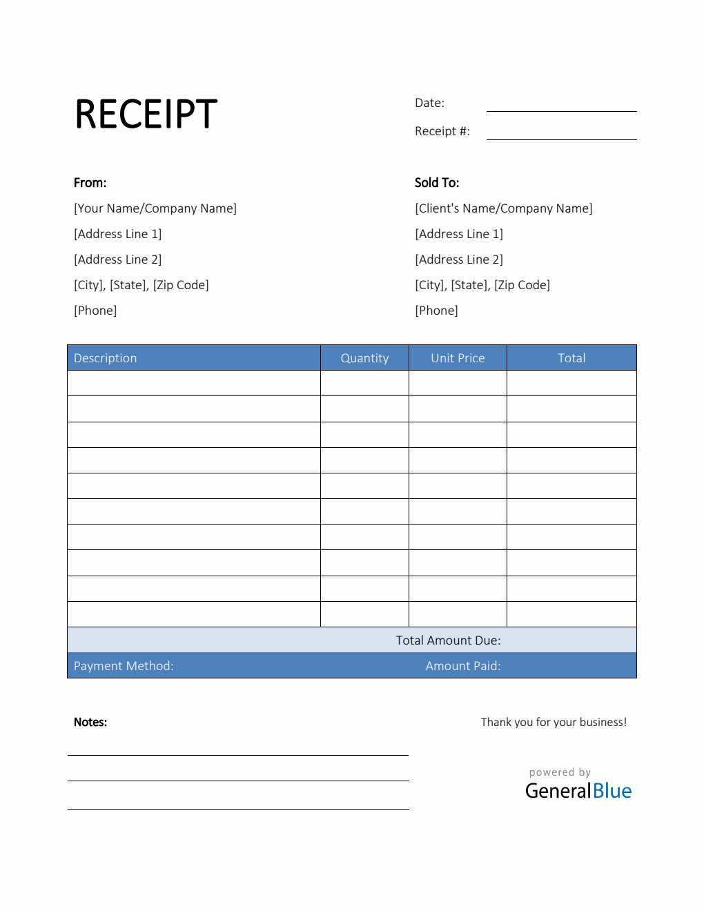 Simple Receipt Template in Word (Blue)