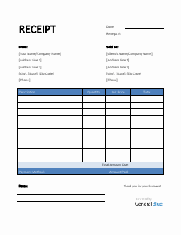 Basic Receipt Template with Notes in Excel