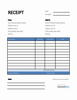 Simple Receipt Template in Excel (Blue)