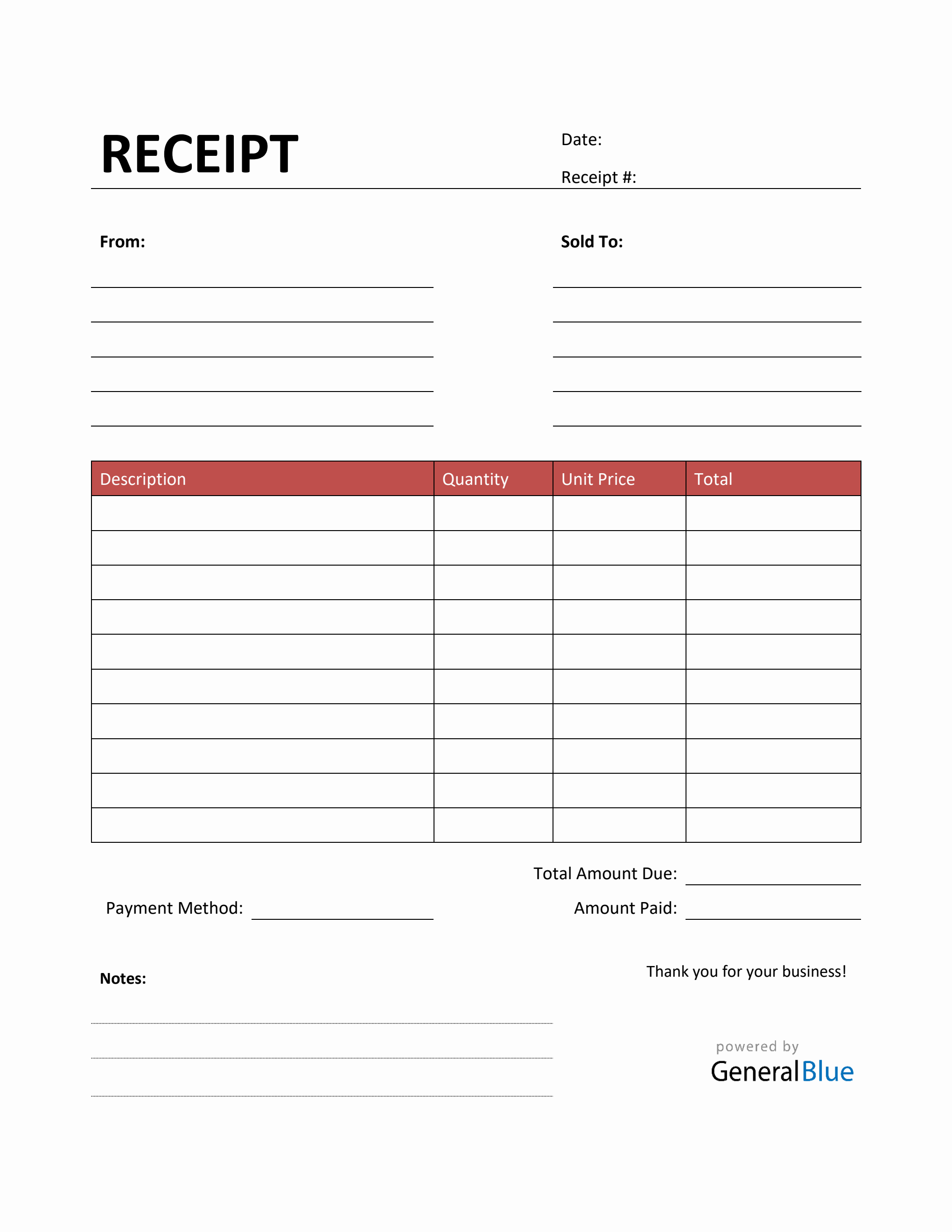 Simple receipt template in pdf red 