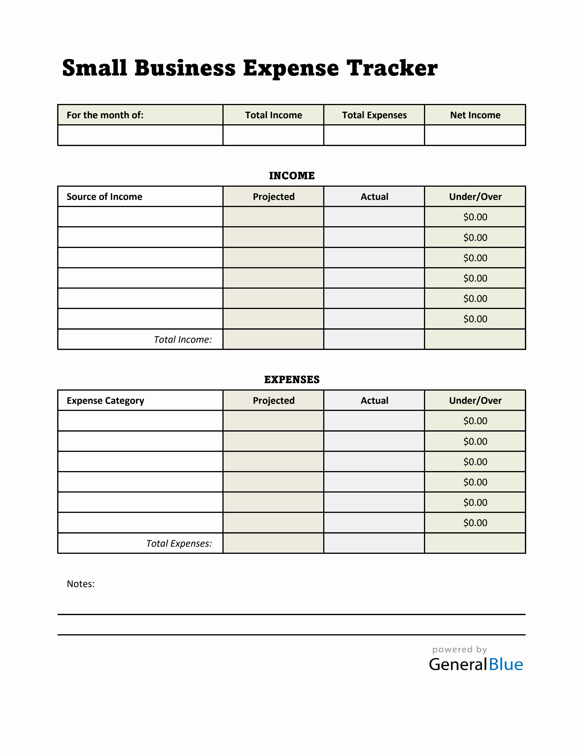 Small business expense tracker in excel highlighted 