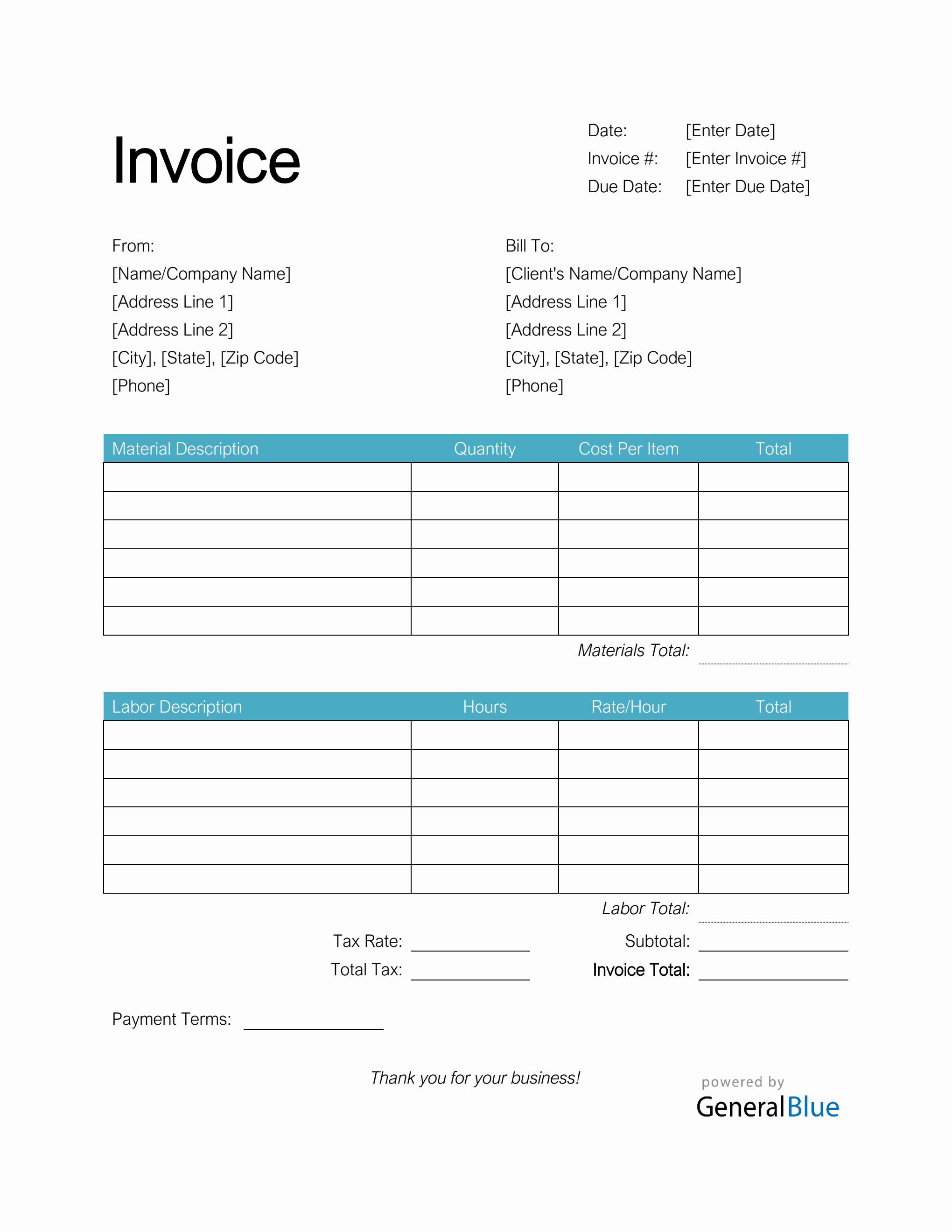 Time And Materials Invoice With Tax Calculation In Word Basic