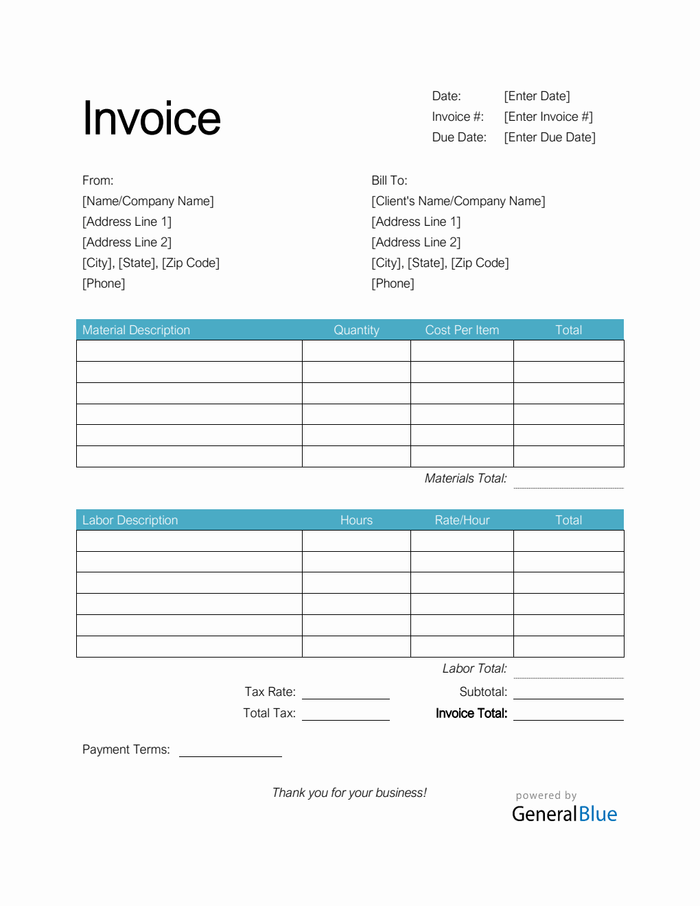 Time and Materials Invoice with Tax Calculation in Word (Basic)