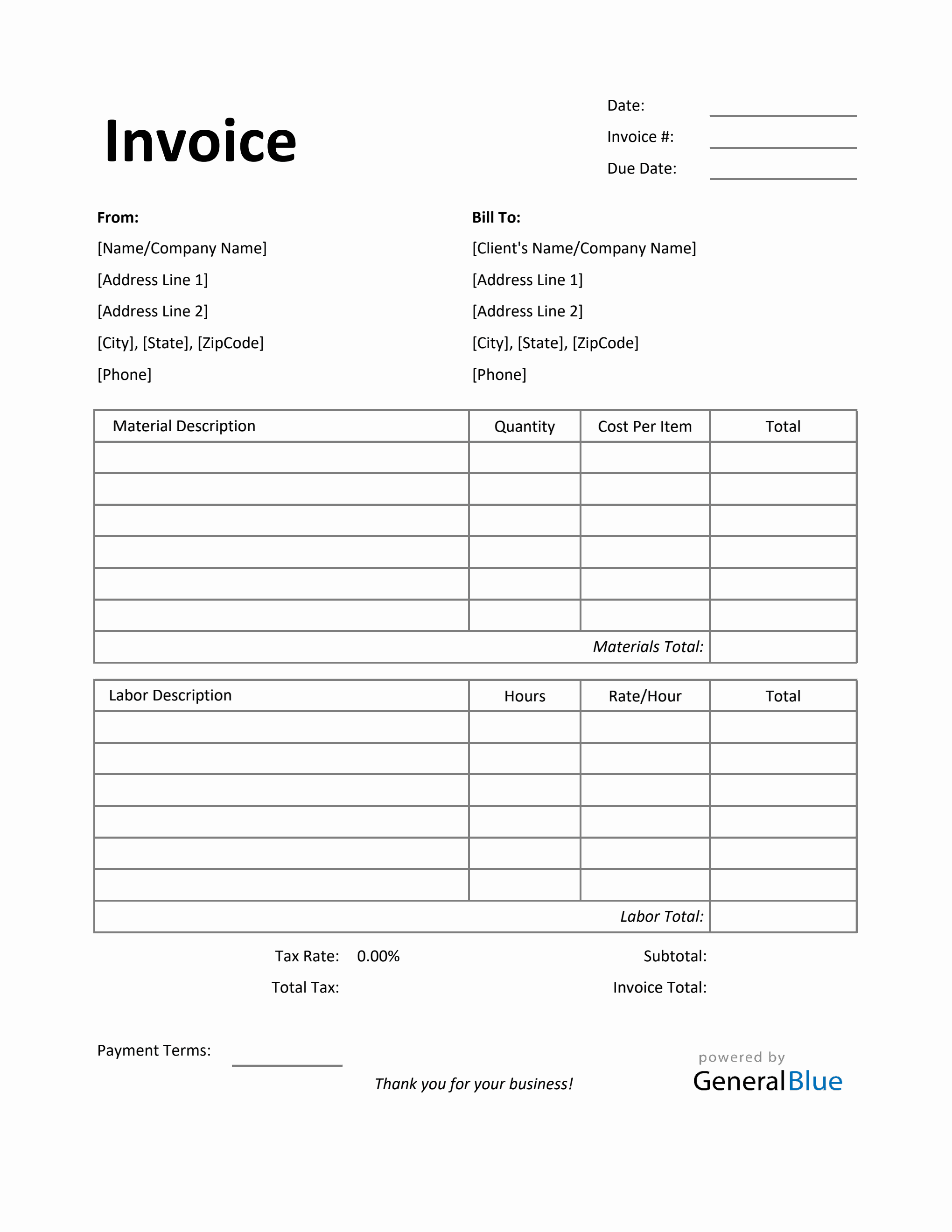Time and Materials Invoice with Tax Calculation in Excel (Simple)