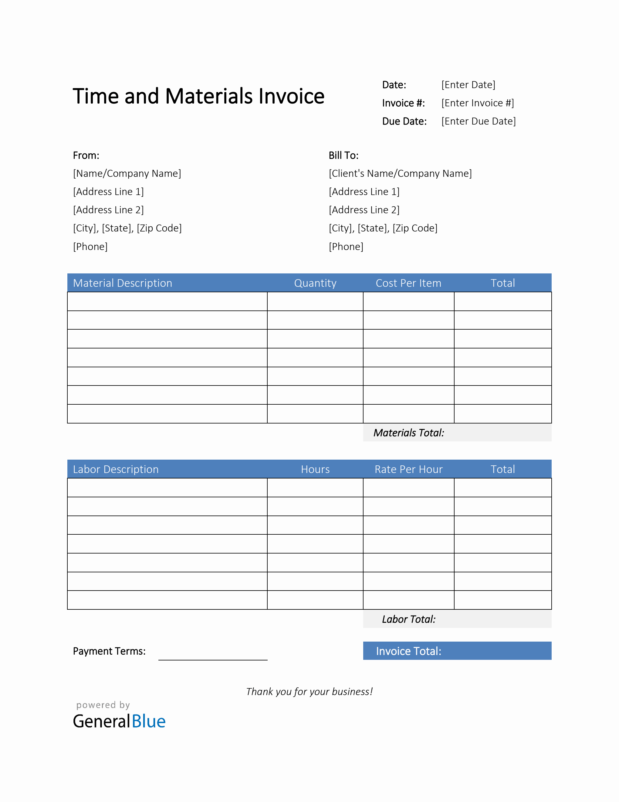 Time and Materials Invoice in Word (Blue)