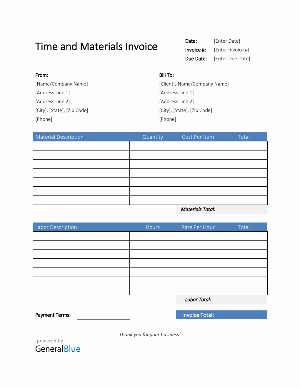 Time and Materials Invoice in Word (Blue)