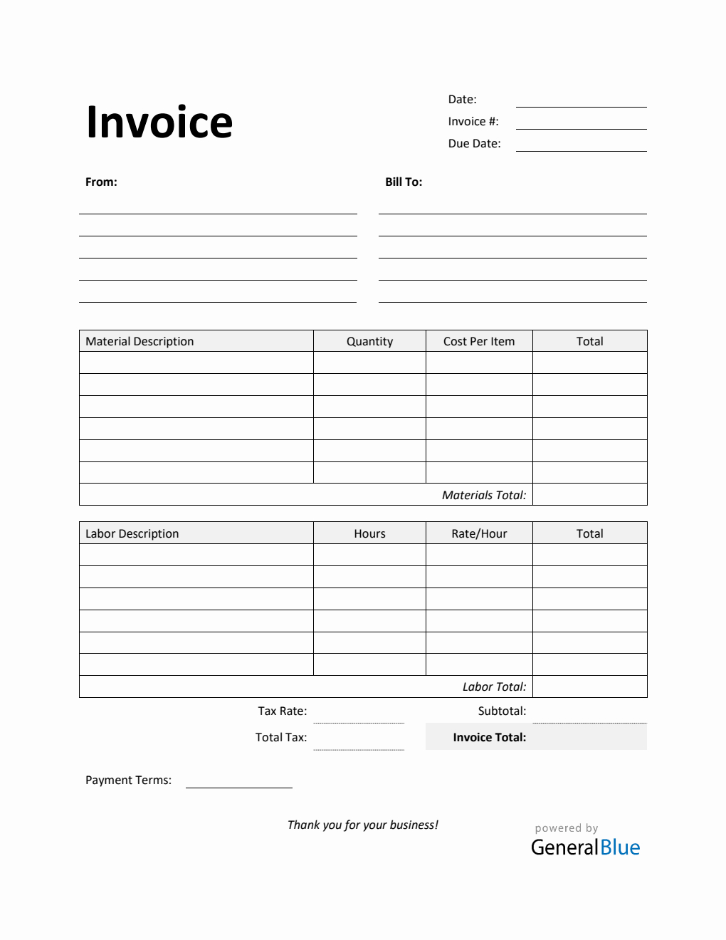 Time and Materials Invoice with Tax Calculation in PDF (Simple)