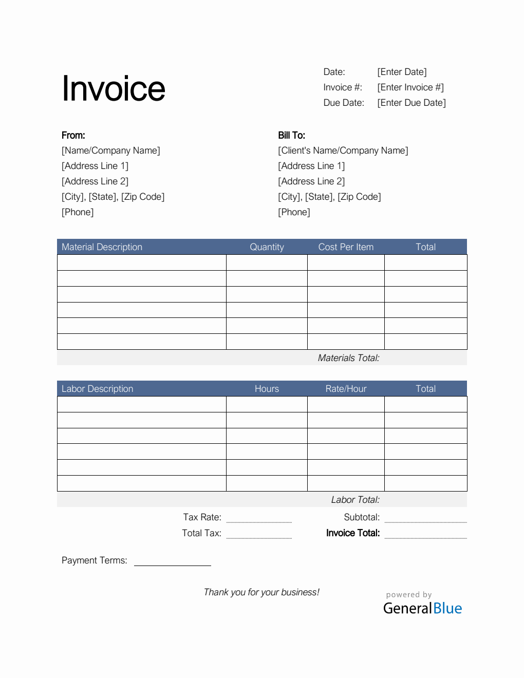 Time and Materials Invoice with Tax Calculation in Word (Colorful) Intended For Labor Invoice Template Word Time and Materials Invoice with Tax Calculation in Word (Colorful) Intended For Labor Invoice Template Word