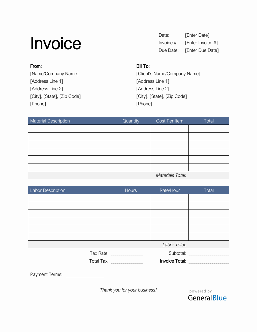 Time and Materials Invoice with Tax Calculation in Word (Colorful) Intended For Labor Invoice Template Word