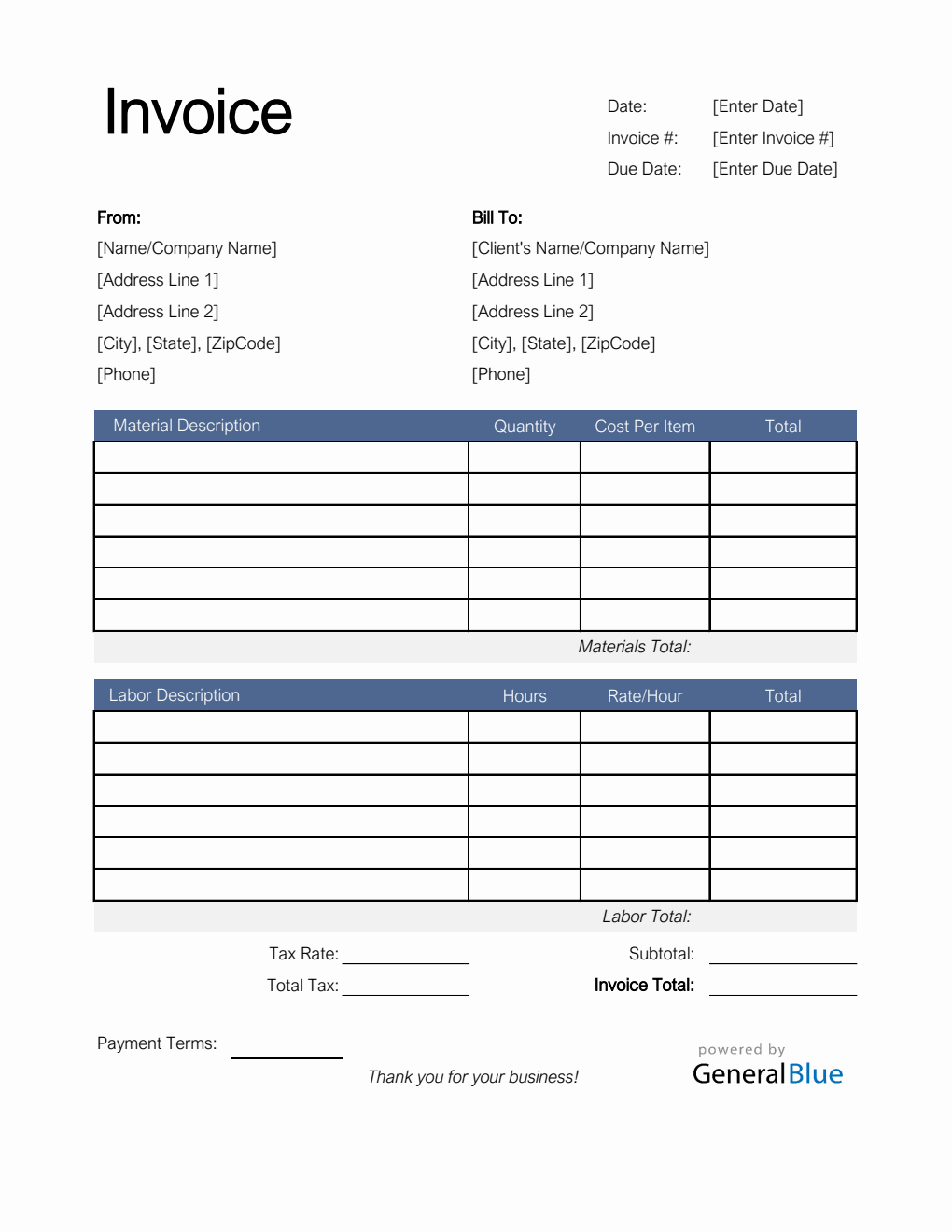 Time and Materials Invoice with Tax Calculation in Excel (Colorful)