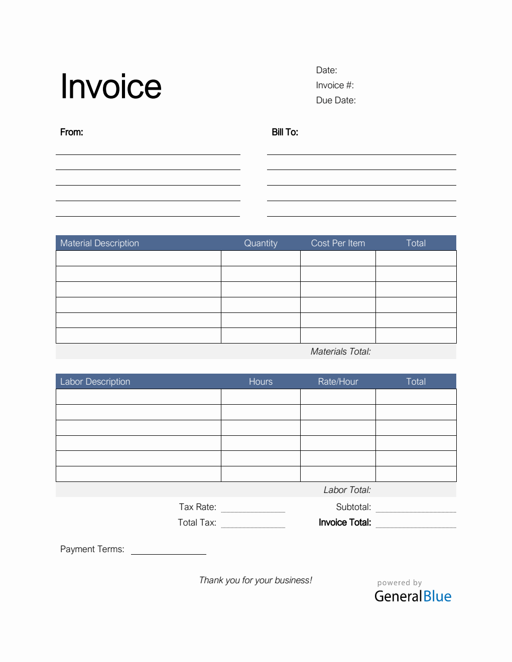 Time and Materials Invoice with Tax Calculation in PDF (Colorful)