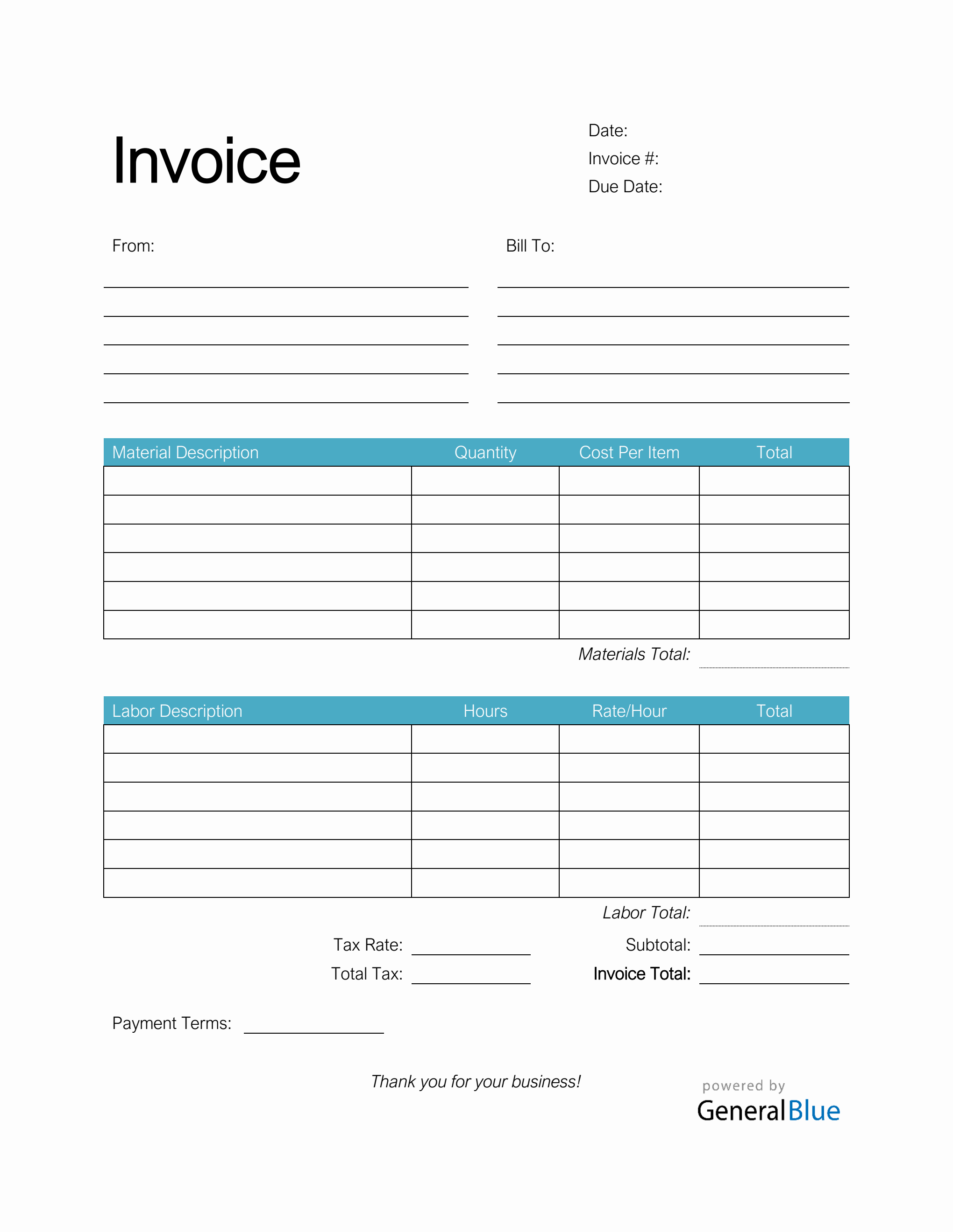Time And Materials Invoice With Tax Calculation In PDF Basic
