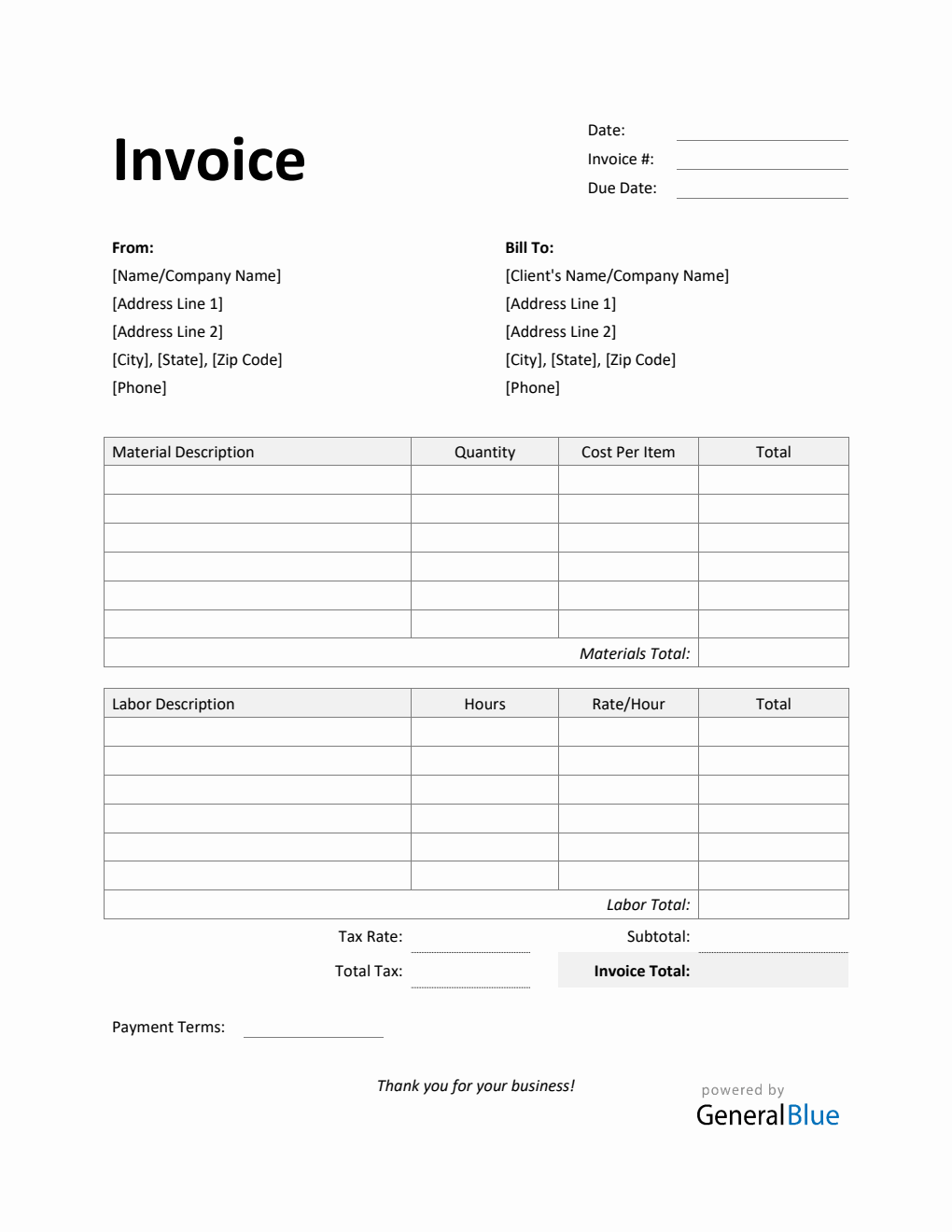 Time and Materials Invoice with Tax Calculation in Word (Simple)