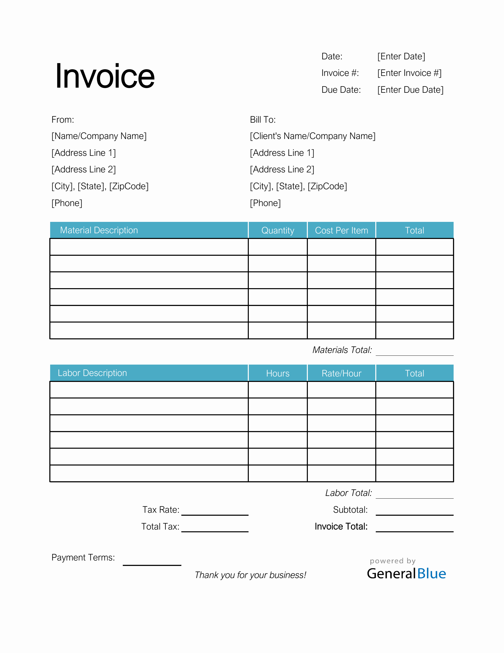 Time and Materials Invoice with Tax Calculation in Excel (Basic)