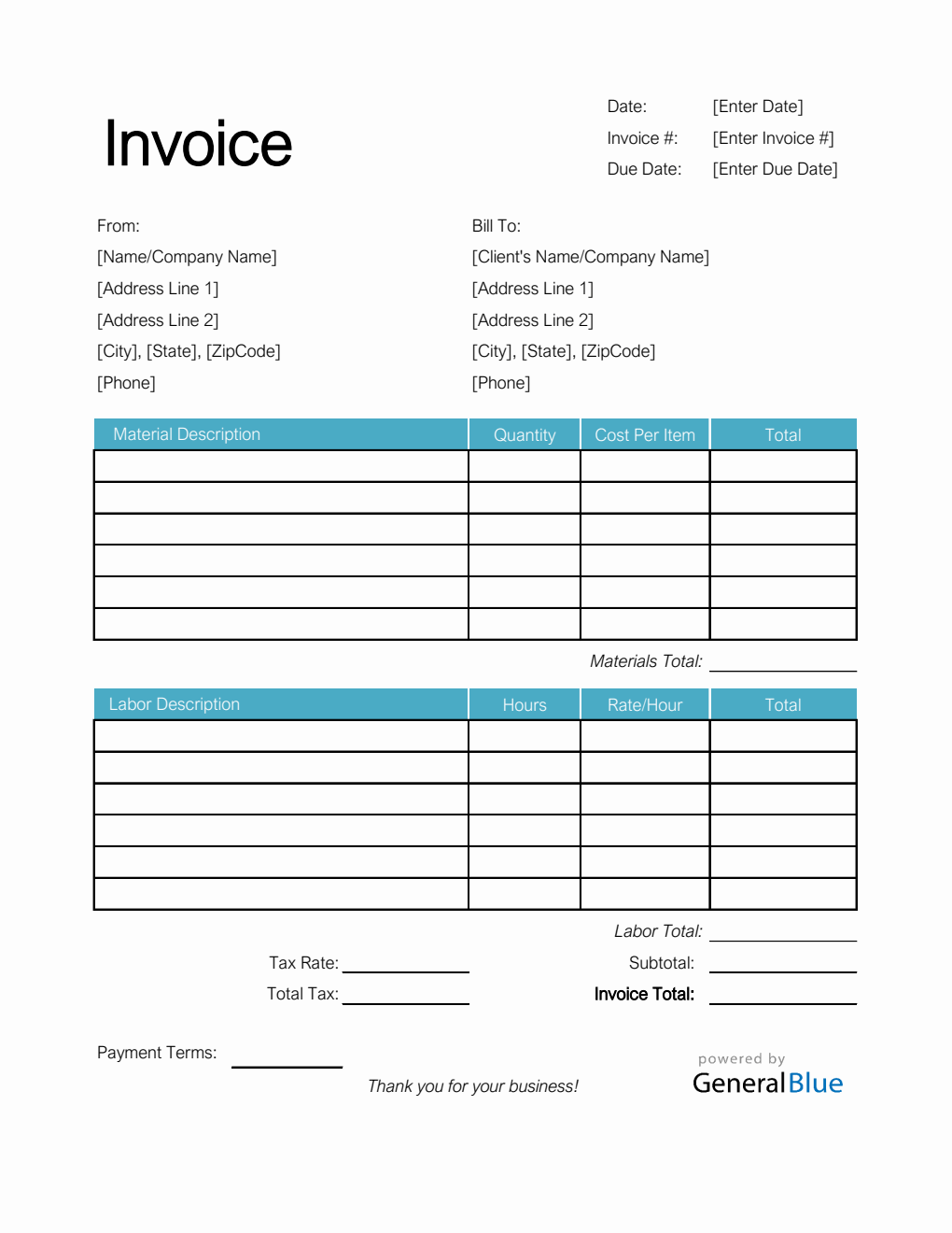 Time and Materials Invoice with Tax Calculation in Excel (Basic)