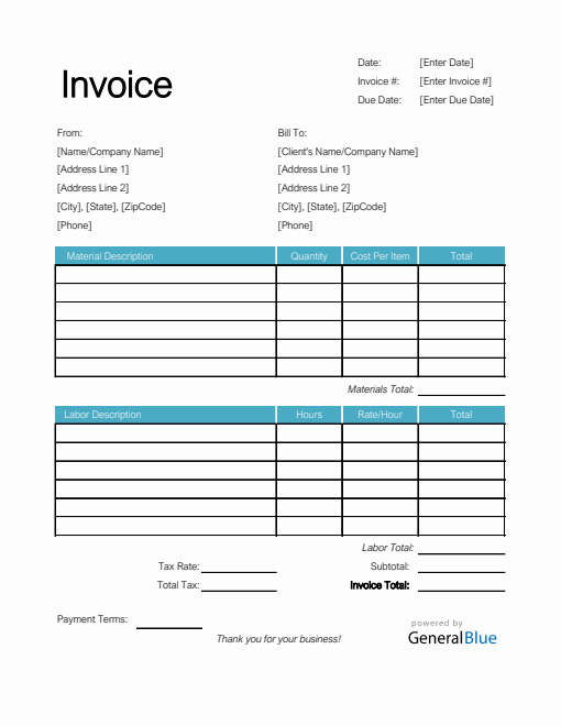 Time and Materials Invoice with Tax Calculation in Excel (Basic)