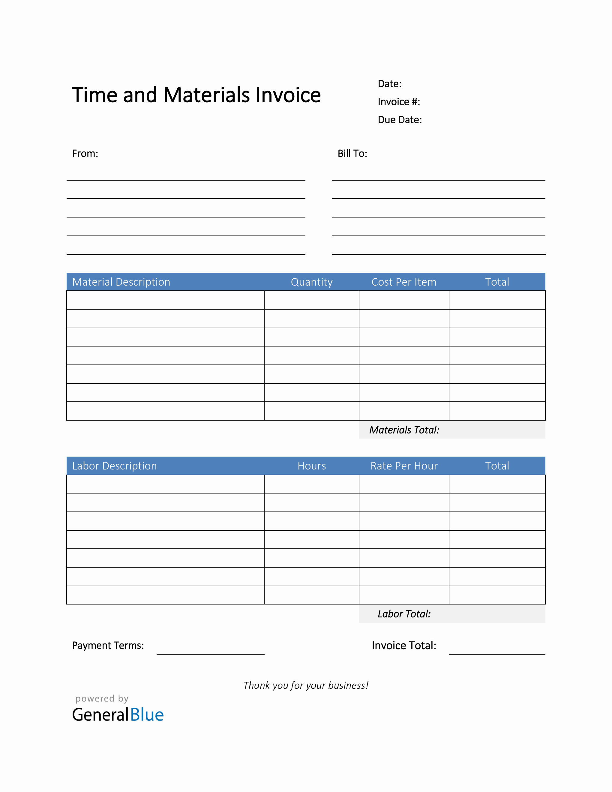 Time And Materials Invoice In PDF Blue