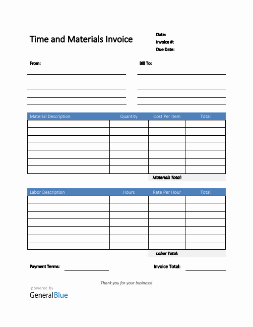 Time and Materials Invoice in PDF (Blue)