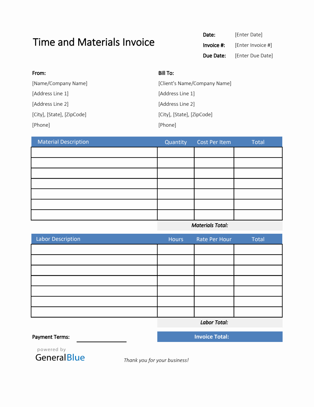 Time and Materials Invoice in Excel (Blue)