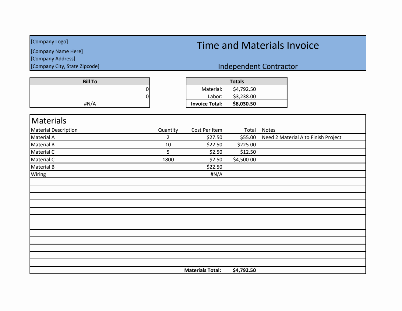Free Time and Materials Invoice Template