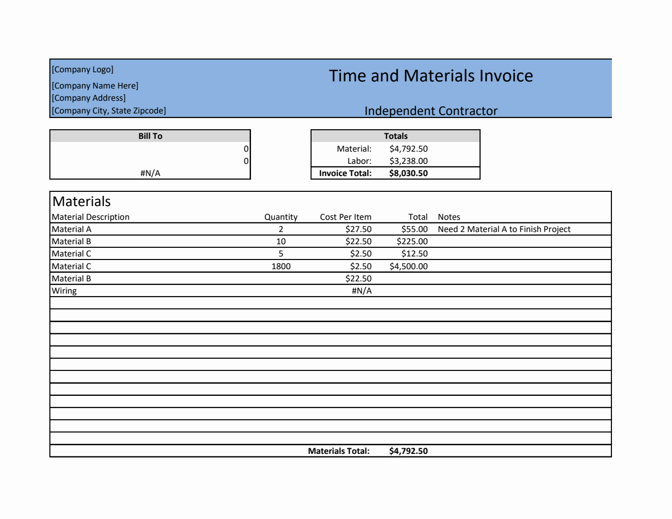 Free Time and Materials Invoice Template Inside Time And Material Invoice Template