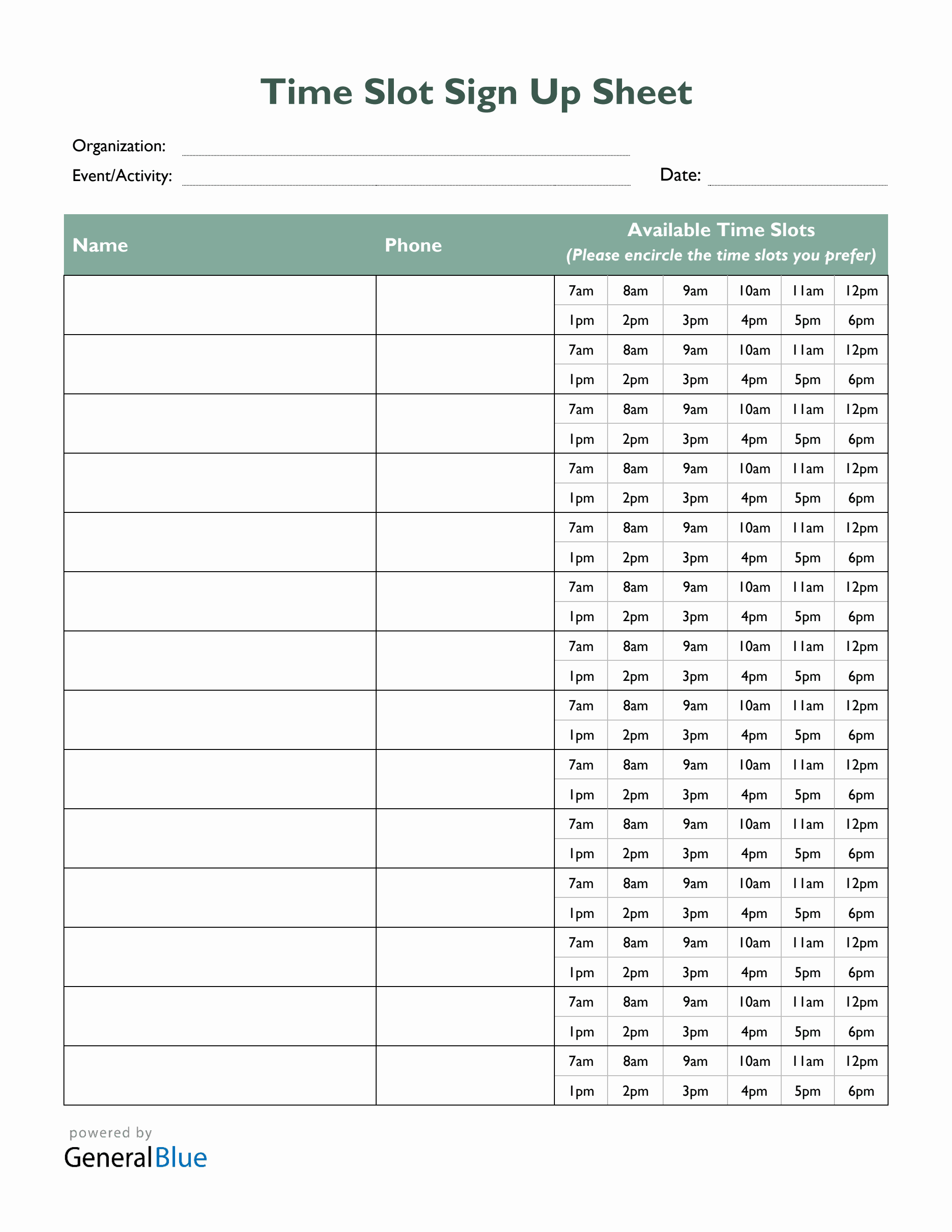 Time Slot Sign Up Sheet Template In PDF Green Time slot sign up sheet template in pdf green