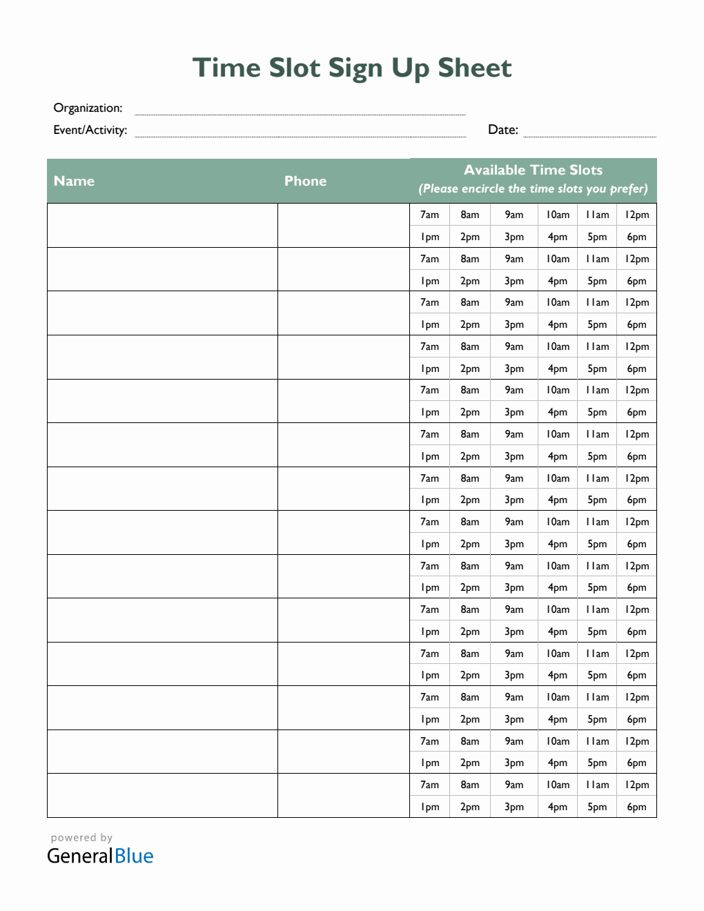 Time Slot Sign Up Sheet Template in PDF (Green)