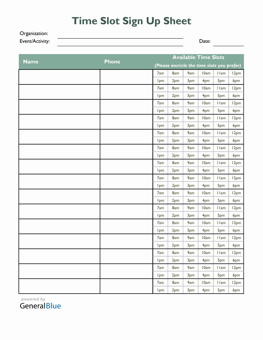 Time Slot Sign Up Sheet Template in Excel (Green)
