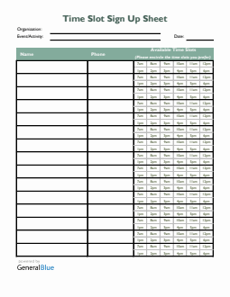 Time Slot Sign Up Sheet Template in Excel (Green)